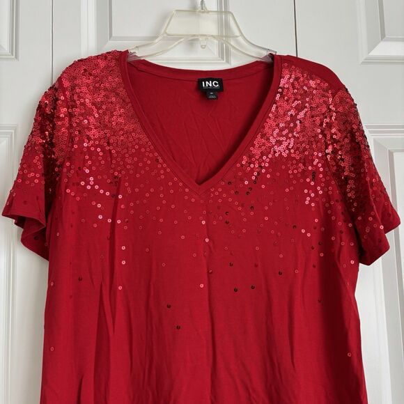 INC INTERNATIONAL CONCEPTS WOMEN'S TOPS RED SEQUIN V-NECK SHORT SLEEVE PULL ON - Picture 6 of 6